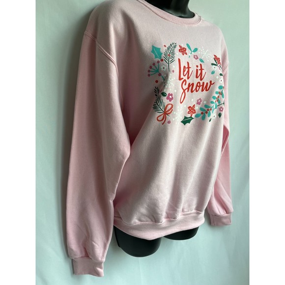 Jerzees Let It Snow Pink Christmas Sweater Crewneck Size S Barbiecore Holidays - Picture 2 of 8